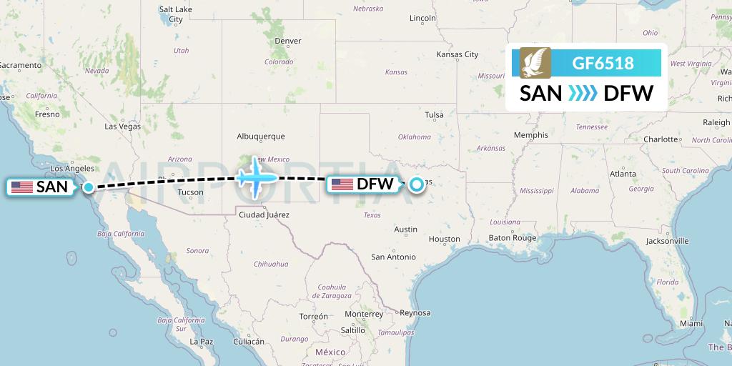 GF6518 Gulf Air Flight Map: San Diego to Dallas