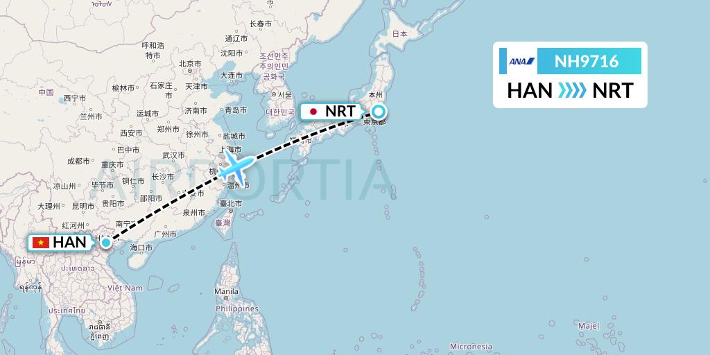 NH9716 All Nippon Airways Flight Map: Hanoi to Tokyo