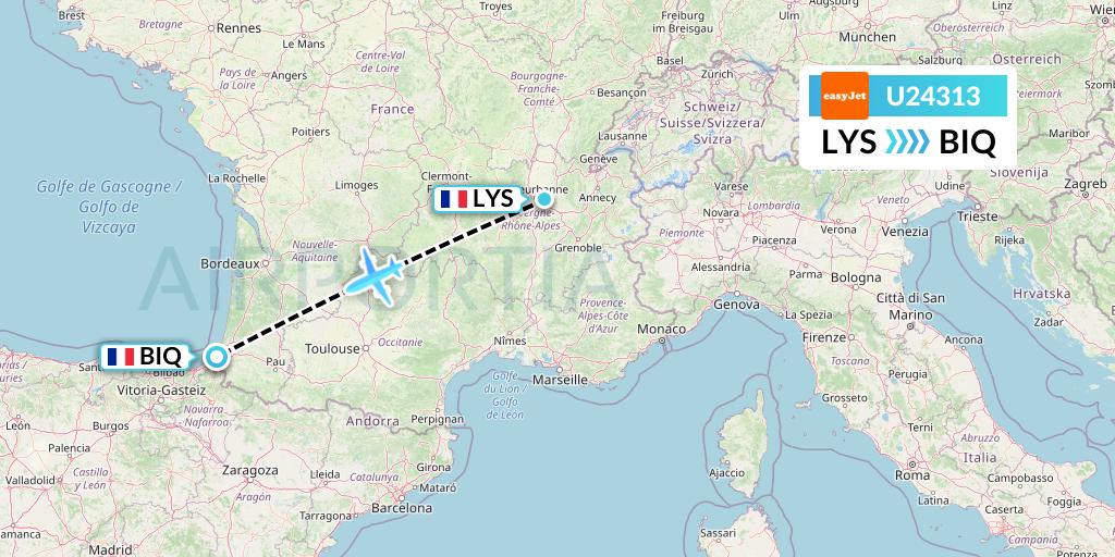 U24313 EasyJet Flight Map: Lyon to Biarritz