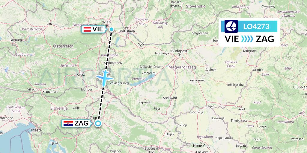 LO4273 LOT Flight Map: Vienna to Zagreb