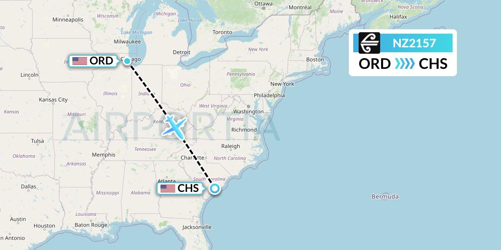 NZ2157 Air New Zealand Flight Map: Chicago to Charleston