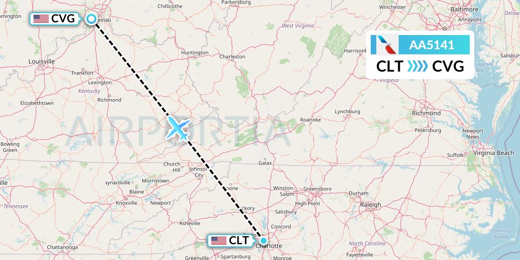 AA5141 American Airlines Flight Map: Charlotte to Cincinnati