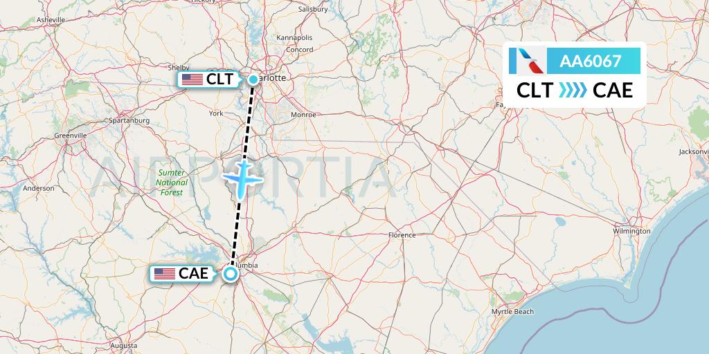 AA6067 American Airlines Flight Map: Charlotte to Columbia