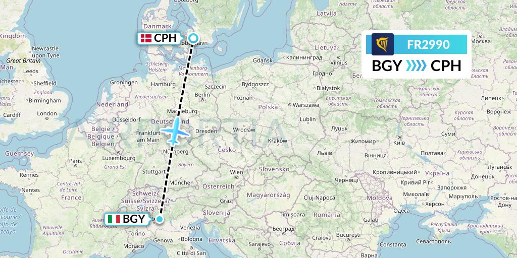 FR2990 Ryanair Flight Map: Milan to Copenhagen