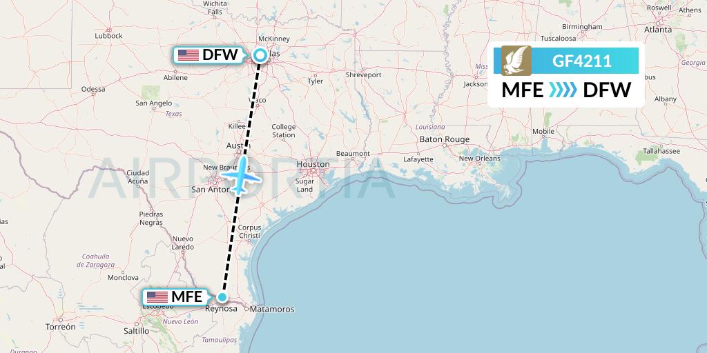 GF4211 Gulf Air Flight Map: McAllen to Dallas