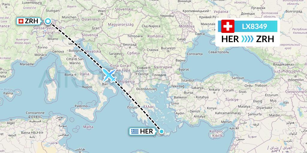 LX8349 Swiss Flight Map: Heraklion to Zurich