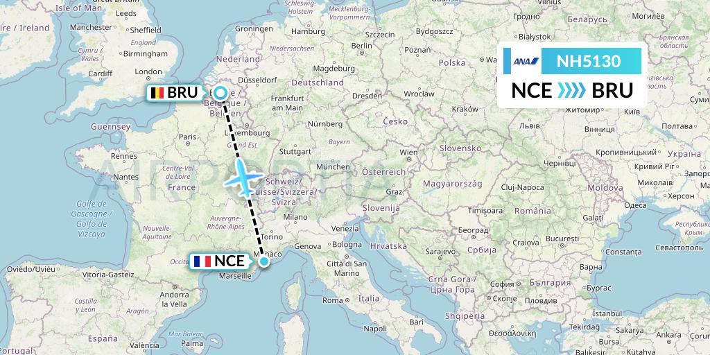 NH5130 All Nippon Airways Flight Map: Nice to Brussels