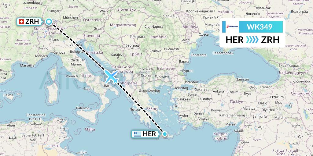 WK349 Edelweiss Air Flight Map: Heraklion to Zurich