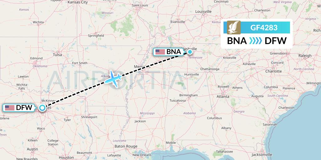 GF4283 Gulf Air Flight Map: Nashville to Dallas