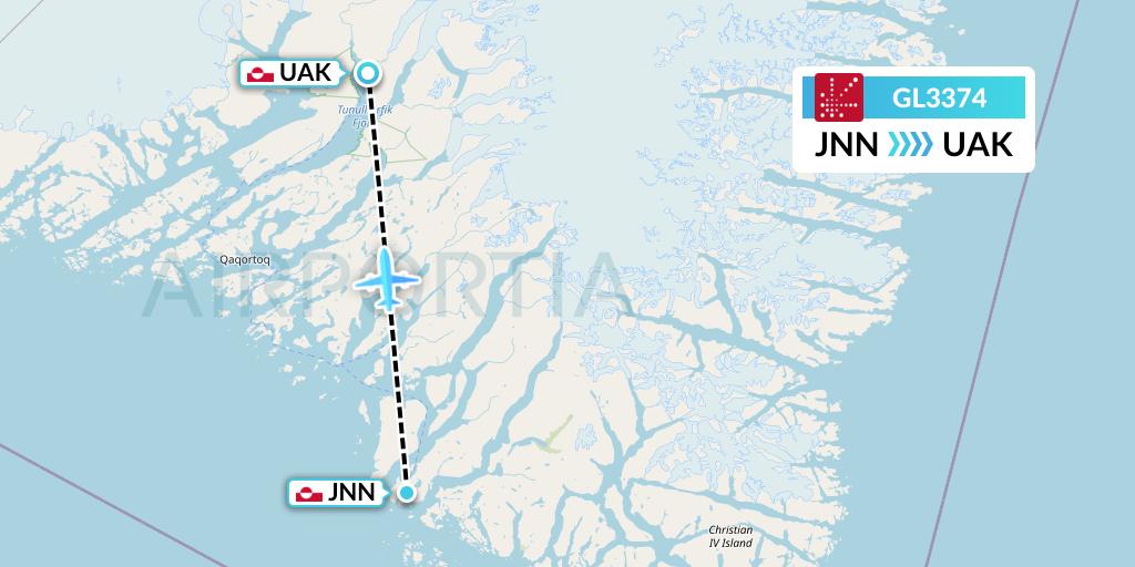GL3374 Air Greenland Flight Map: Nanortalik to Narsarsuaq