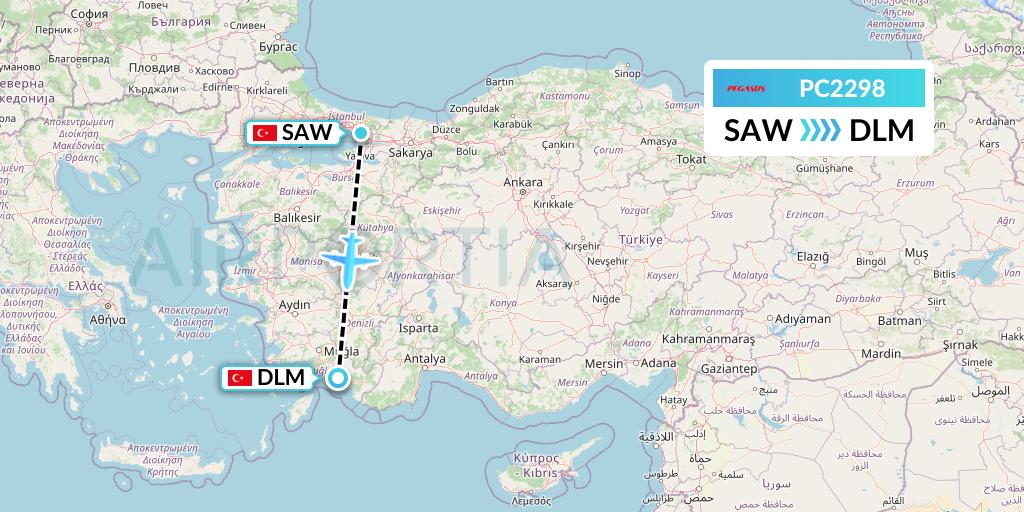 PC2298 Pegasus Airlines Flight Map: Istanbul to Dalaman