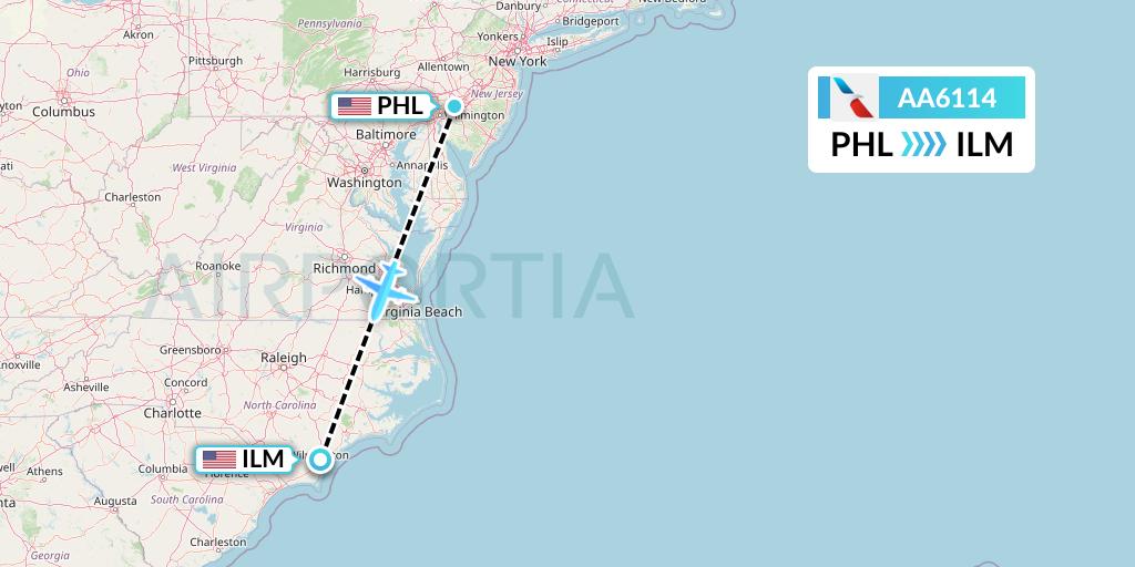 AA6114 American Airlines Flight Map: Philadelphia to Wilmington