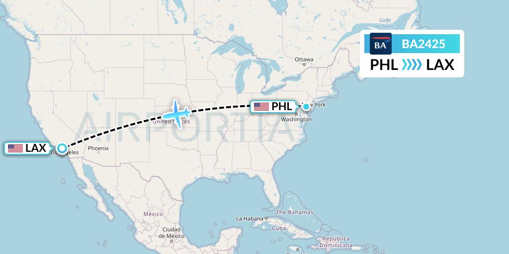 BA2425 British Airways Flight Map: Philadelphia to Los Angeles