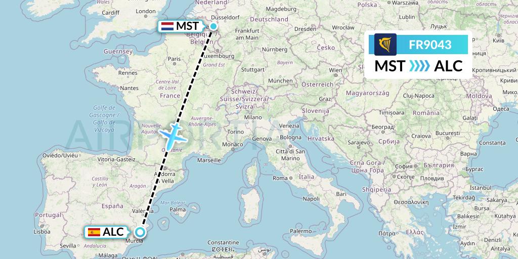 FR9043 Ryanair Flight Map: Maastricht to Alicante