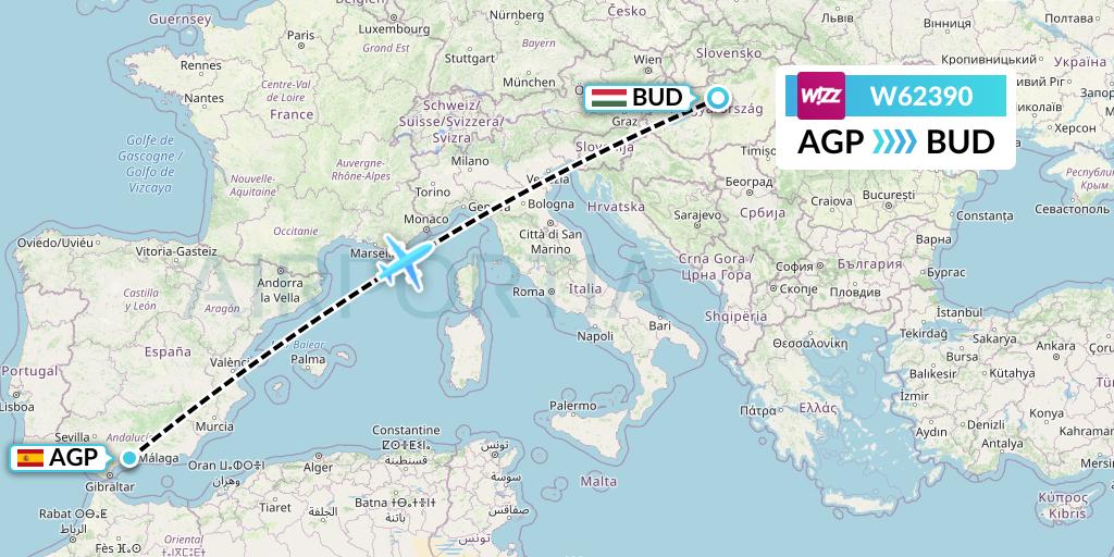 W62390 Wizz Air Flight Map: Malaga to Budapest