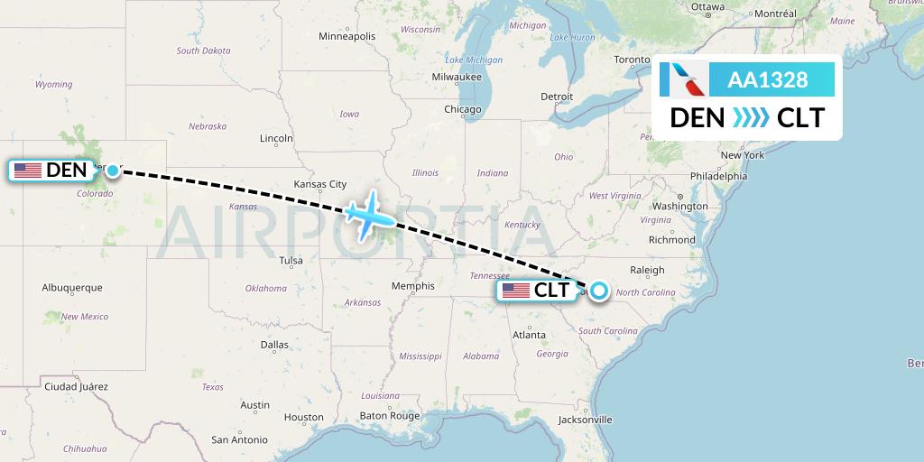 AA1328 American Airlines Flight Map: Denver to Charlotte