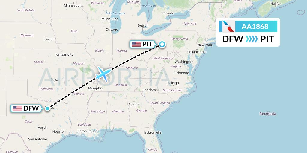 AA1868 American Airlines Flight Map: Dallas to Pittsburgh