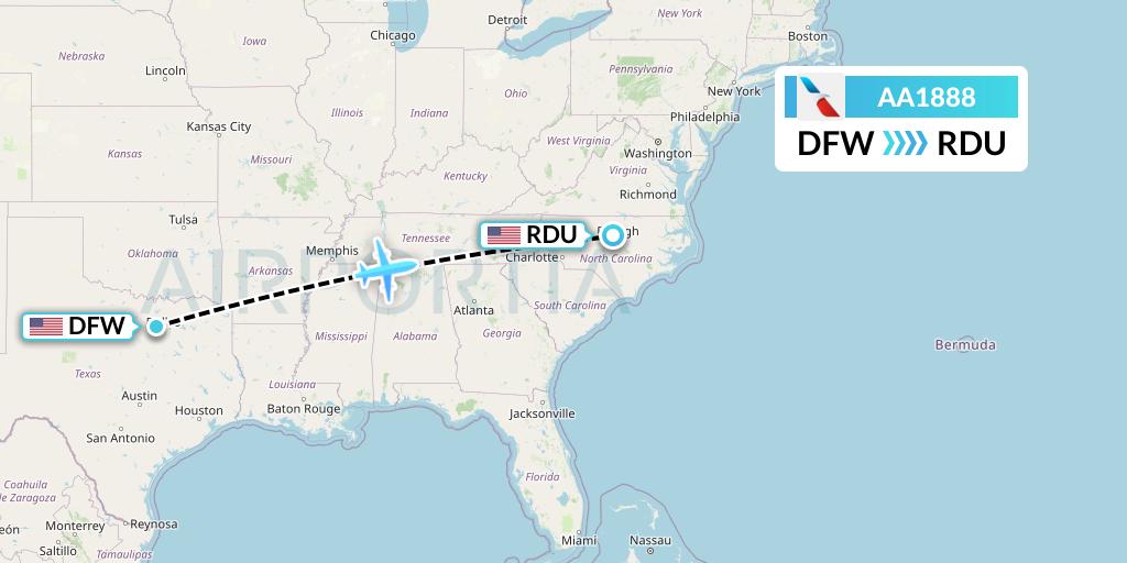 AA1888 American Airlines Flight Map: Dallas to Raleigh-Durham