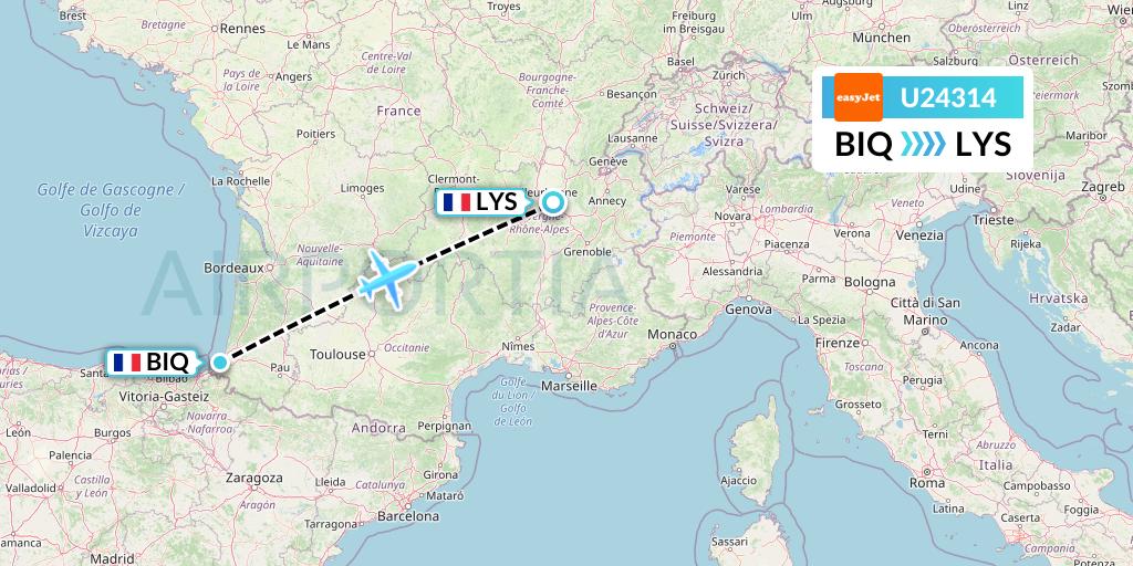 U24314 EasyJet Flight Map: Biarritz to Lyon