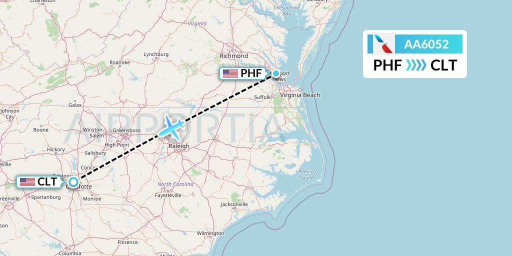 AA6052 American Airlines Flight Map: Newport News to Charlotte