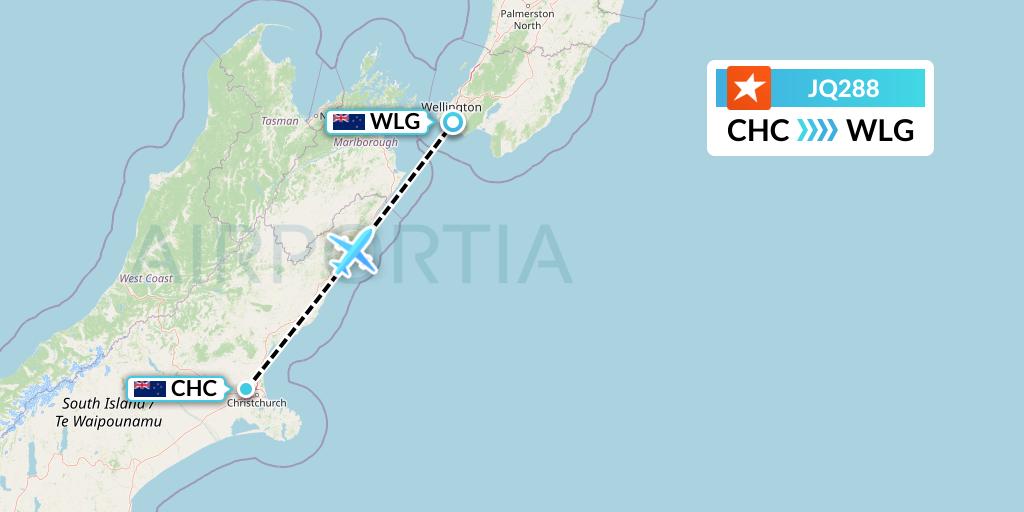 JQ288 Jetstar Airways Flight Map: Christchurch to Wellington