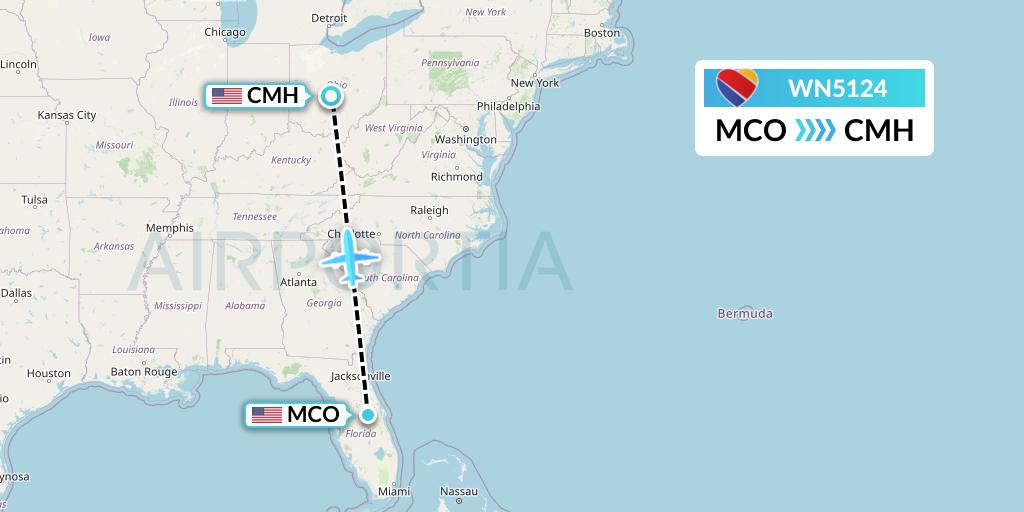 WN5124 Southwest Airlines Flight Map: Orlando to Columbus