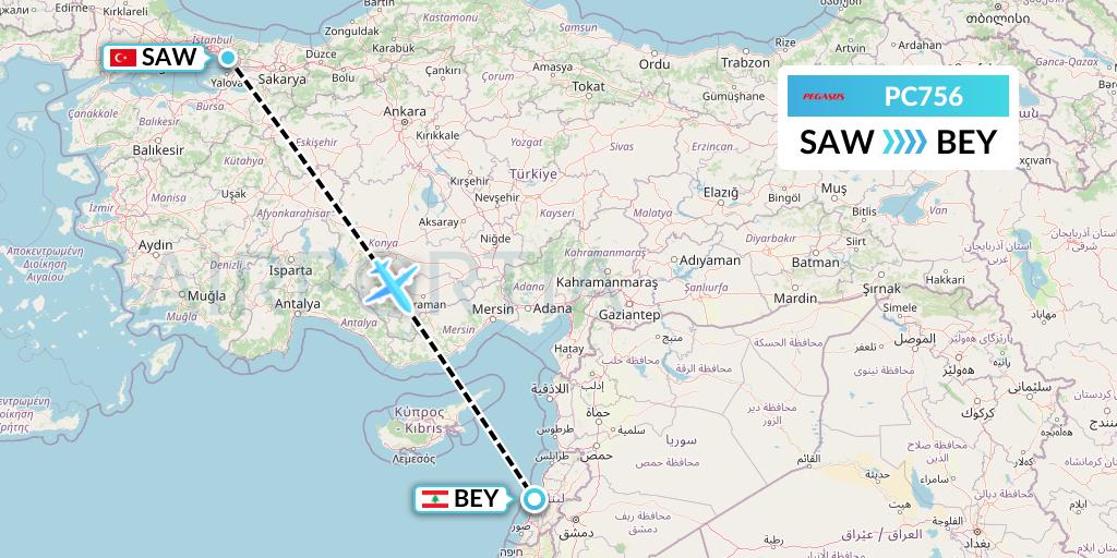 PC756 Pegasus Airlines Flight Map: Istanbul to Beirut