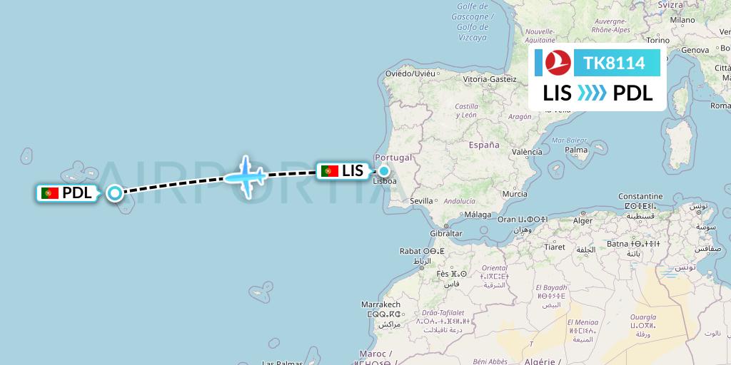 TK8114 Turkish Airlines Flight Map: Lisbon to Ponta Delgada