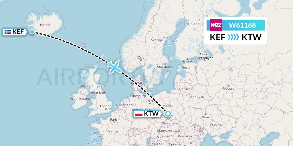 W61168 Wizz Air Flight Map: Reykjavik to Katowice