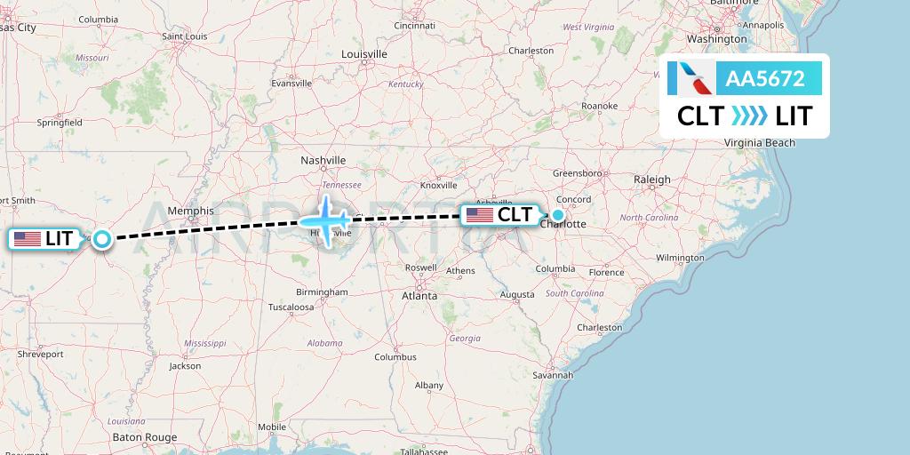 AA5672 American Airlines Flight Map: Charlotte to Little Rock