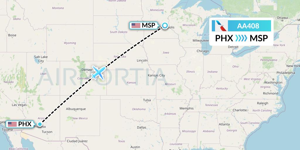 AA408 American Airlines Flight Map: Phoenix to Minneapolis