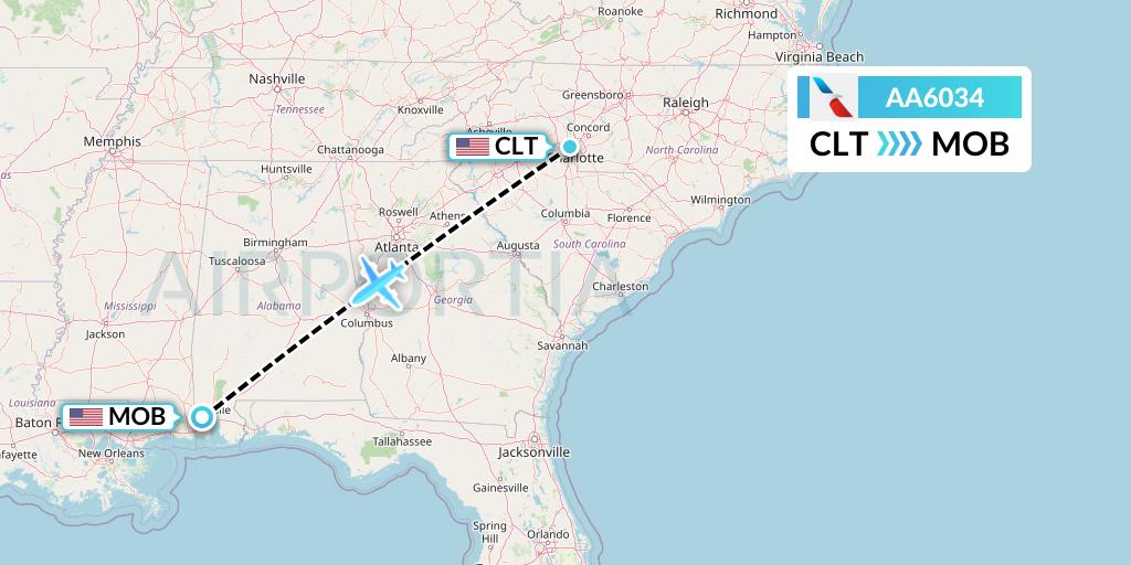 AA6034 American Airlines Flight Map: Charlotte to Mobile