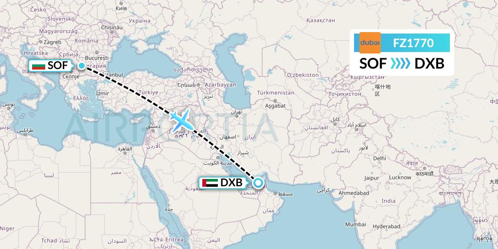 FZ1770 FlyDubai Flight Map: Sofia to Dubai