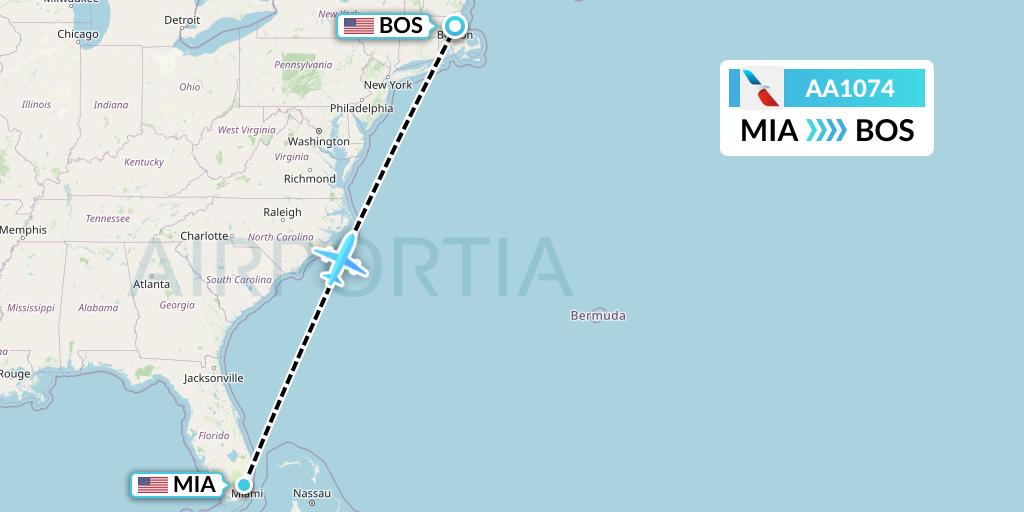 AA1074 American Airlines Flight Map: Miami to Boston