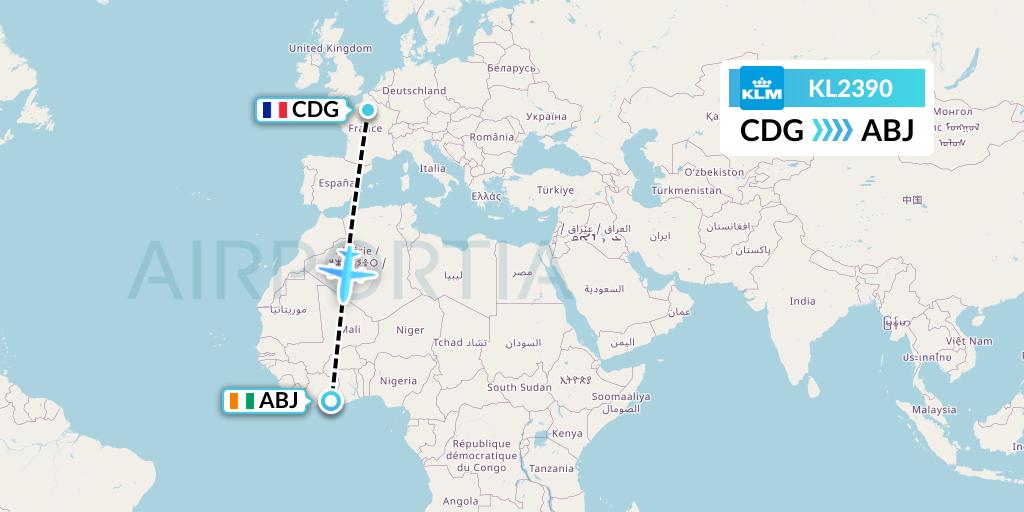 KL2390 KLM Flight Map: Paris to Abidjan