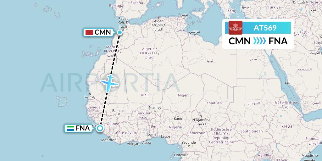 AT569 Royal Air Maroc Flight Map: Casablanca to Freetown
