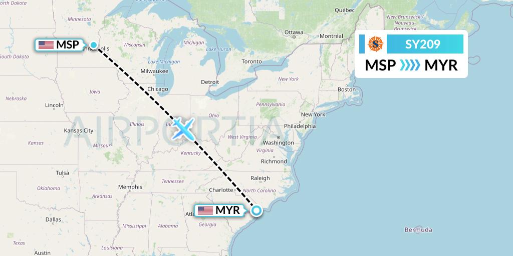 SY209 Sun Country Airlines Flight Map: Minneapolis to Myrtle Beach