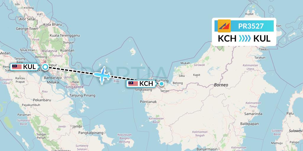 PR3527 Philippine Airlines Flight Map: Kuching to Kuala Lumpur