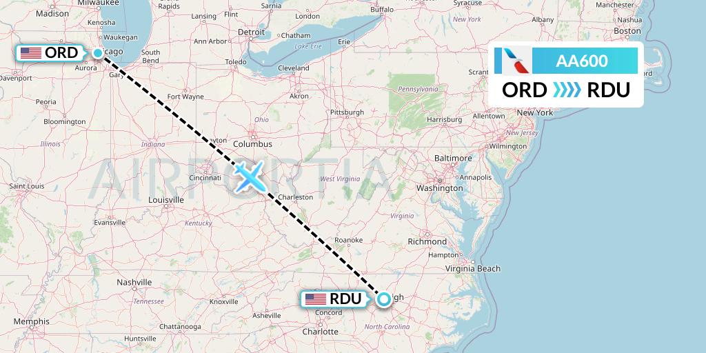 AA600 American Airlines Flight Map: Chicago to Raleigh-Durham