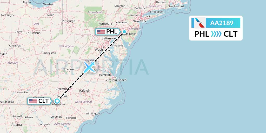 AA2189 American Airlines Flight Map: Philadelphia to Charlotte