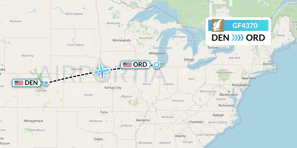 GF4370 Gulf Air Flight Map: Denver to Chicago
