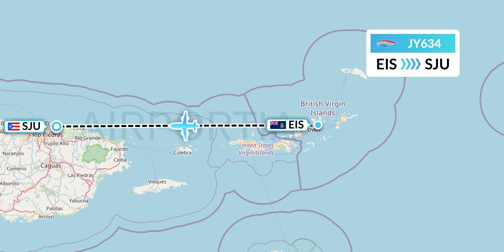 JY634 InterCaribbean Airways Flight Map: Beef Island to San Juan