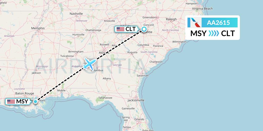 AA2615 American Airlines Flight Map: New Orleans to Charlotte