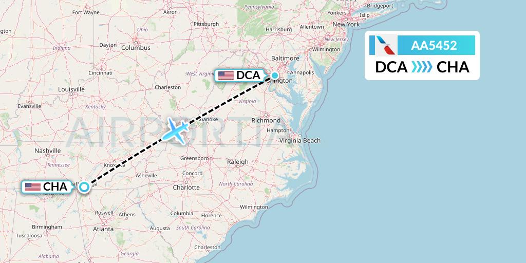 AA5452 American Airlines Flight Map: Washington to Chattanooga