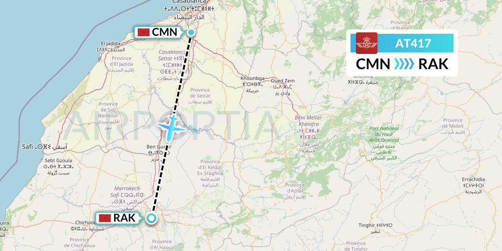 AT417 Royal Air Maroc Flight Map: Casablanca to Marrakesh 