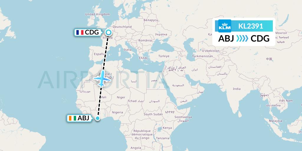 KL2391 KLM Flight Map: Abidjan to Paris