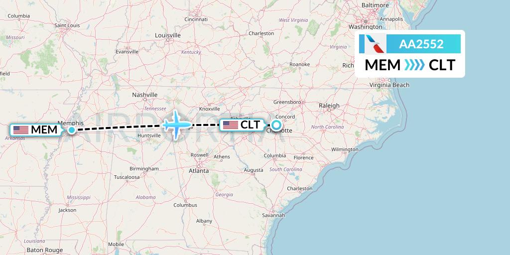 AA2552 American Airlines Flight Map: Memphis to Charlotte