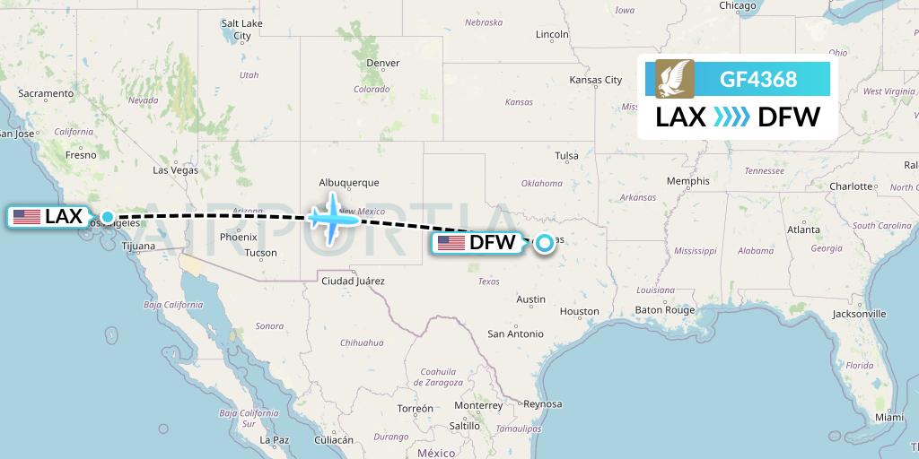 GF4368 Gulf Air Flight Map: Los Angeles to Dallas