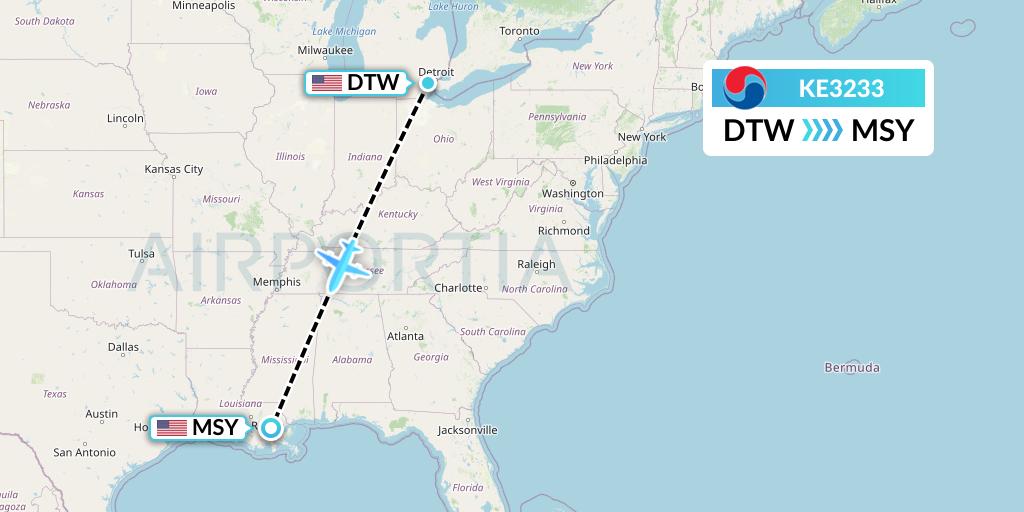 KE3233 Korean Air Flight Map: Detroit to New Orleans