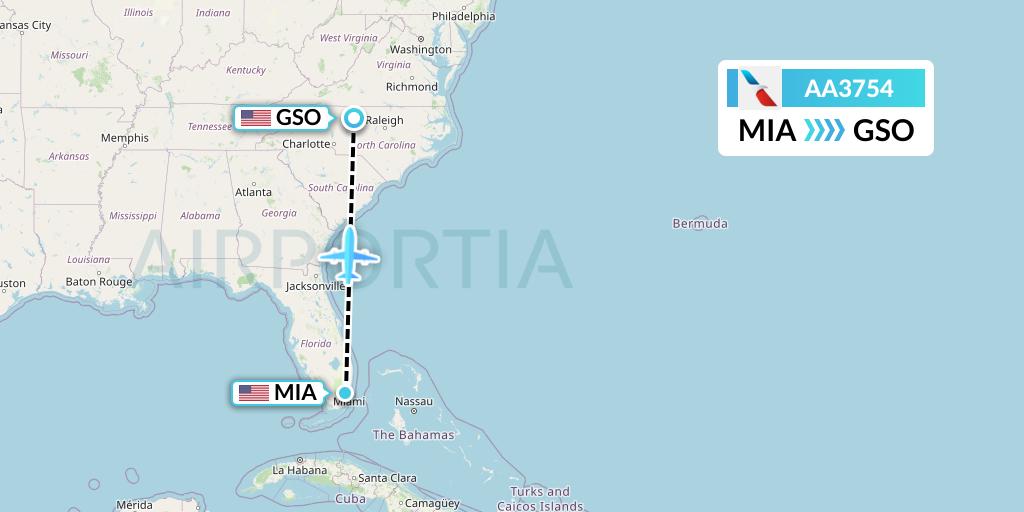 AA3754 American Airlines Flight Map: Miami to Greensboro